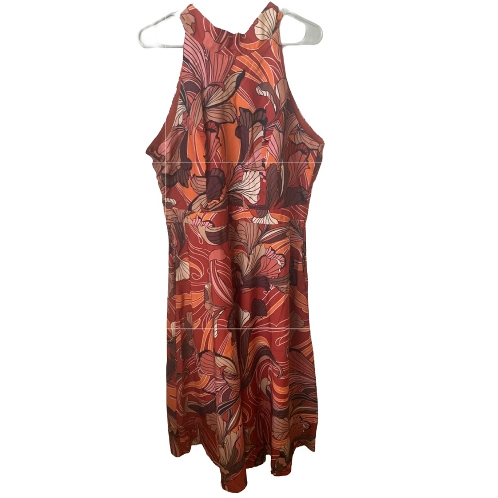 TAHARI Women’s Rust Orange Brown Ivory Floral Print Fit Flare Midi Dress